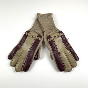 Vintage English Village Knit Leather Driving Gloves Womens Tan Burgundy Gold CC